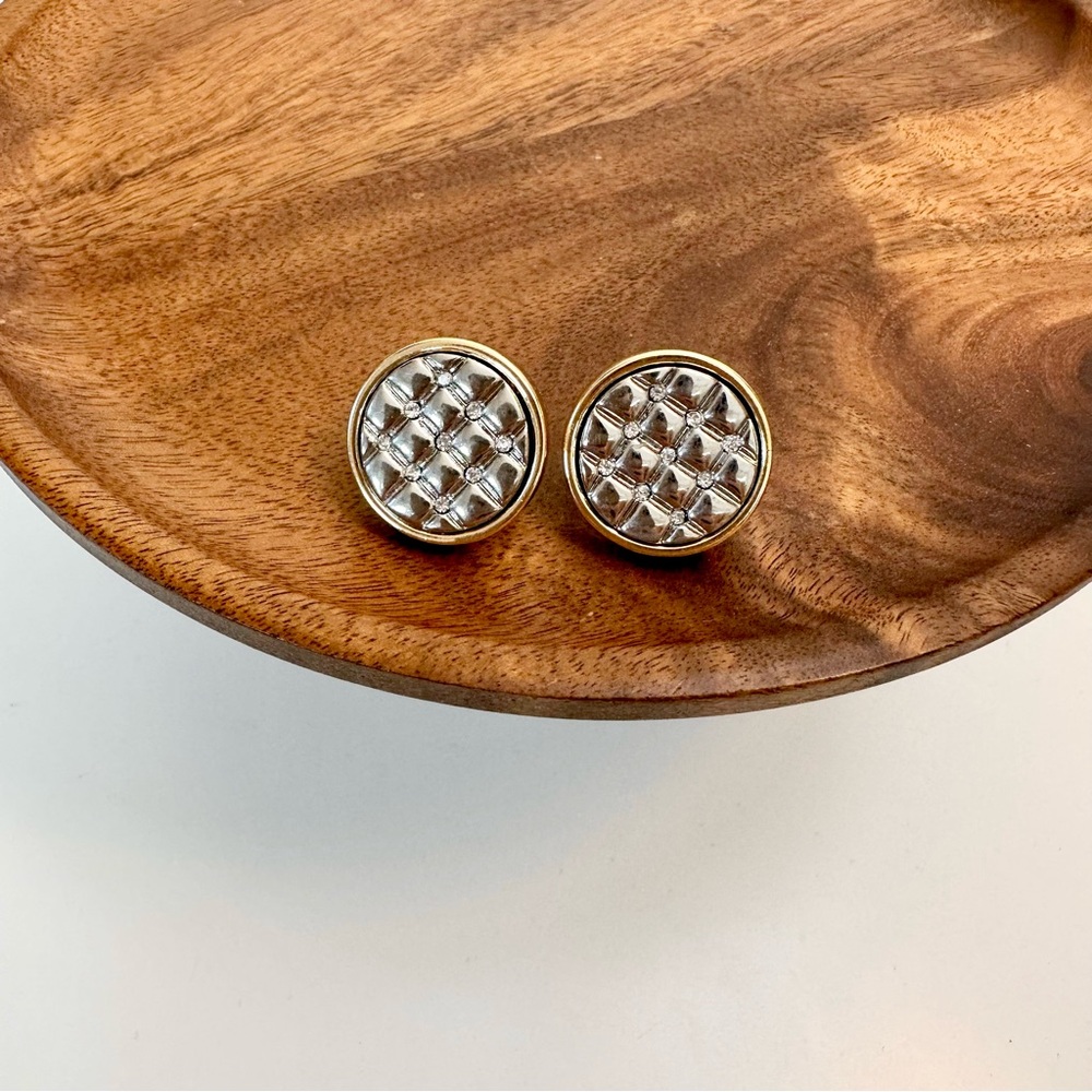 4/$15 Mixed Metal Gold Round Frame Silver Quilted Rhinestones Buttons Earrings